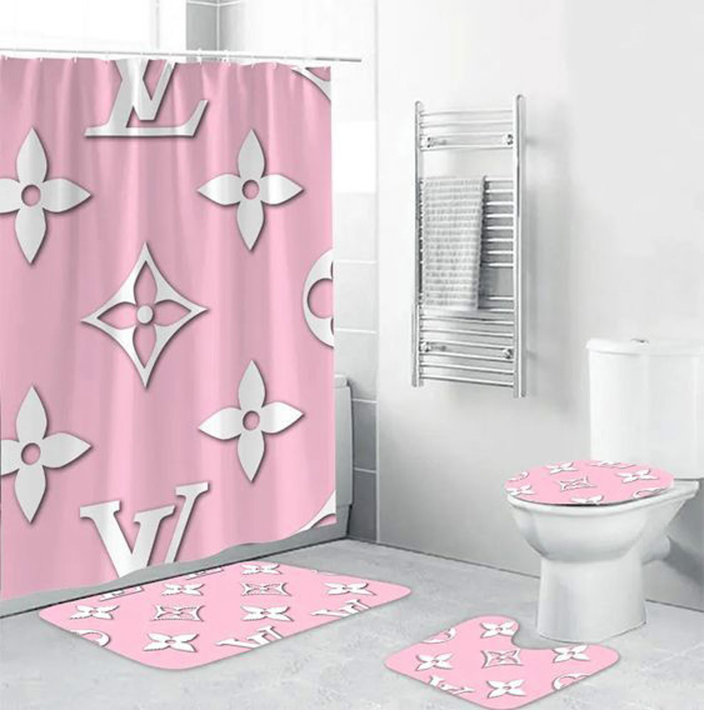 Louis vuitton lv pink logo type 1784 Bathroom Accessory Sets Bath Mat Set Pedestal Rug Waterproof Shower Curtain Luxury Fashion Brand Bathroom Sets Home Decor Toilet Cover Hypebeast Bathroom