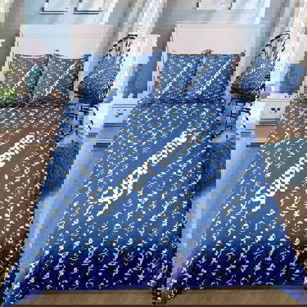 Louis vuitton supreme blue luxury premium bedding sets,bed sets, bedroom sets, comforter sets, duvet cover, bedspread Bedding Sets