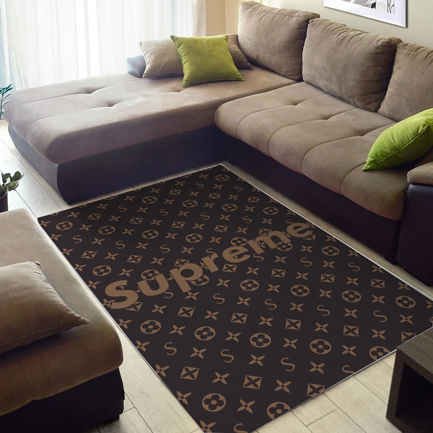 Louis vuitton supreme brown logo type 634. Upgrade Your Living Room with Luxury Home Decor: Area Carpets, Floor Decor, Door Mats, and Hot Gift Items with style a High-End Fashion Brand Rectangle Rug
