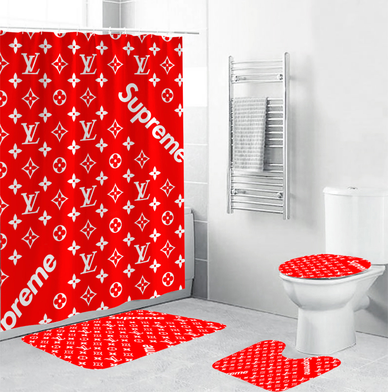 Louis vuitton supreme red bathroom set luxury fashion brand hypebeast home decor bath mat Bathroom Set