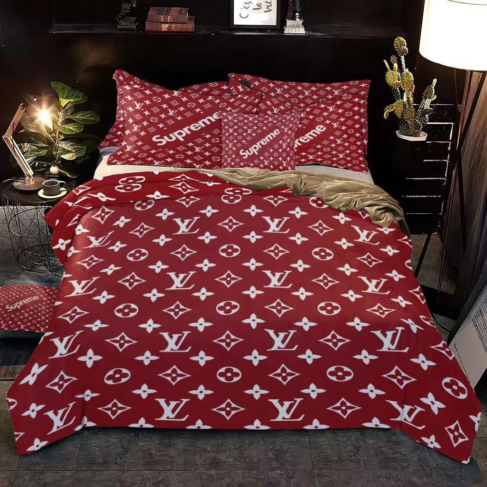 Louis vuitton supreme red fashion logo luxury brand premium bedding sets, bedroom decor , thanksgiving decorations for home Bedding Sets