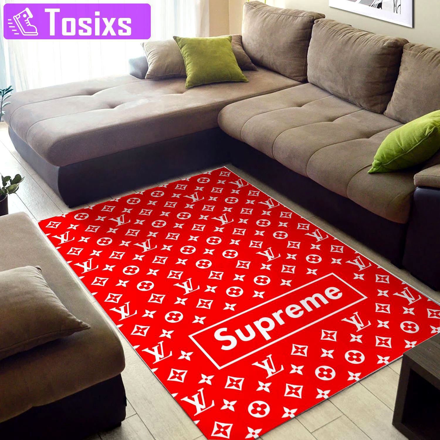 Louis vuitton supreme red logo type 638. Upgrade Your Living Room with Luxury Home Decor: Area Carpets, Floor Decor, Door Mats, and Hot Gift Items with style a High-End Fashion Brand Rectangle Rug