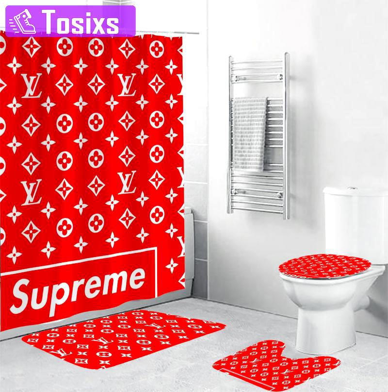 Louis vuitton supreme red luxury fashion brand bathroom sets bath mat hypebeast home decor Bathroom Set