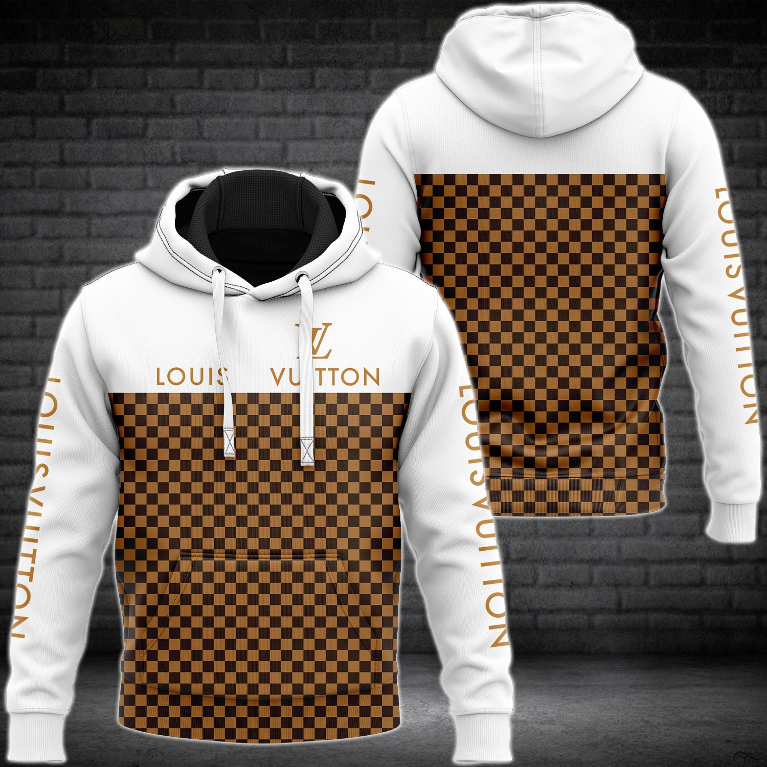 Louis vuitton white brown fashion luxury brand hoodie for men women Hoodie 3D