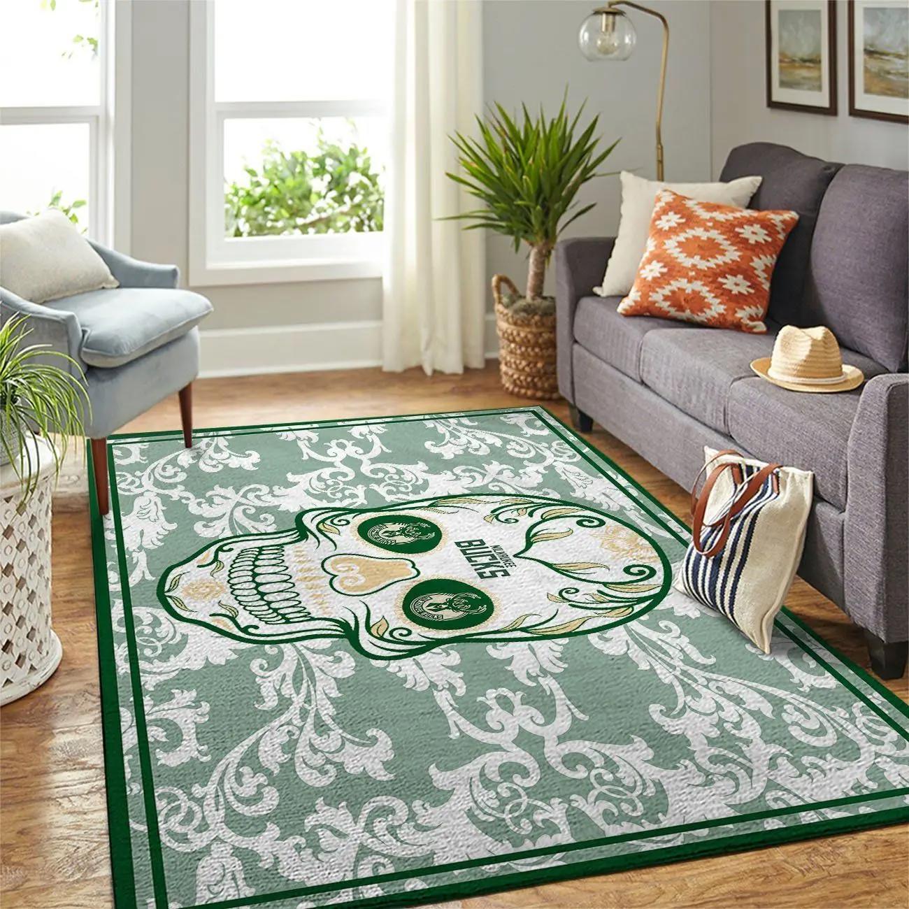Milwaukee bucks nba skull flower style living room carpet rug regtangle carpet Rectangle Rug