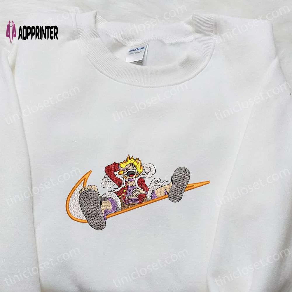 Monkey d luffy gear 5 x nike swoosh anime hoodie: one piece embroidered shirt nike inspired – shop now! Embroidered Shirt
