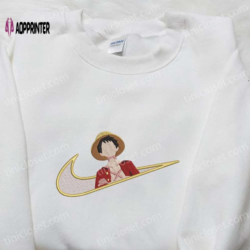 Monkey d luffy x nike swoosh anime embroidered tshirt – one piece & nike inspired shirt Embroidered Shirt