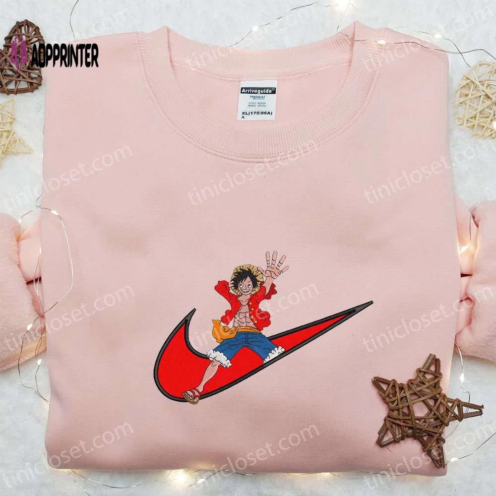 Monkey d luffy x nike swoosh anime hoodie: one piece embroidered shirt nike inspired Embroidered Shirt