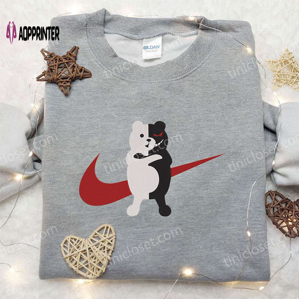 Monokuma x nike swoosh anime hoodie: danganronpa embroidered shirt & nike inspired tee Embroidered Shirt