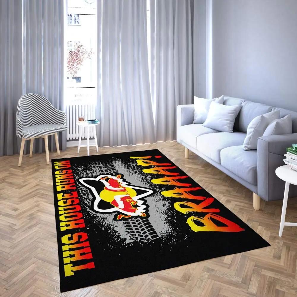 Motorcycle red bull area rug red & yellow this house runs on braap living room carpet rug regtangle carpet floor decor home decor Rectangle Rug