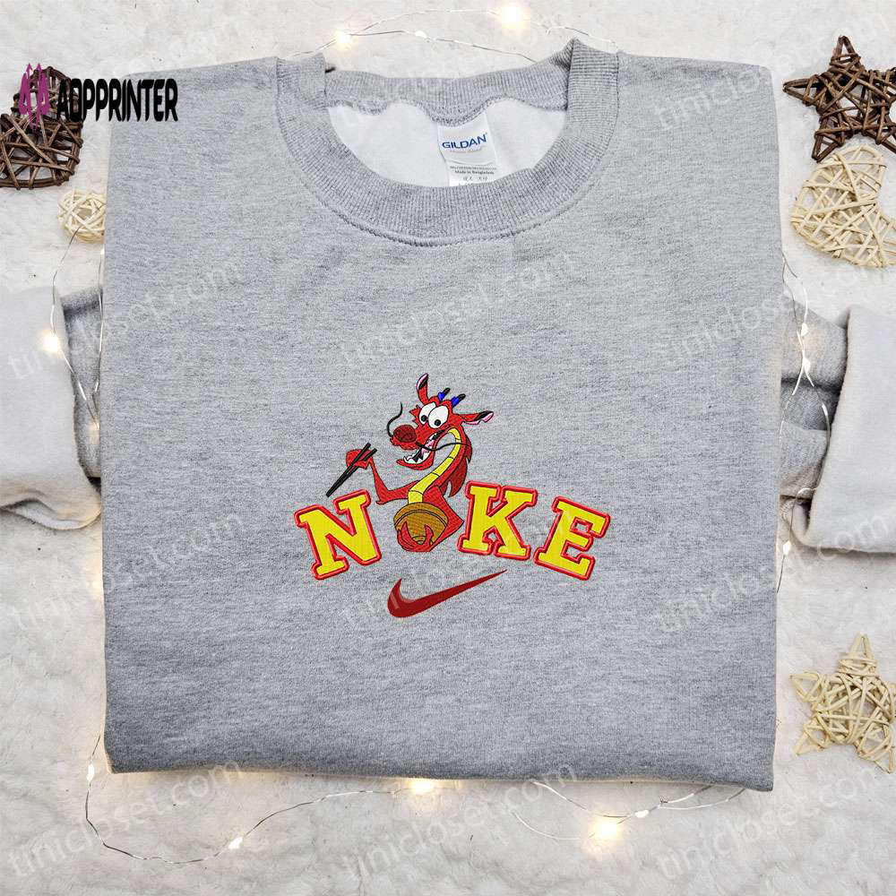 Mushu x nike cartoon embroidered sweatshirt: mulan disney & nike inspired shirt Embroidered Shirt