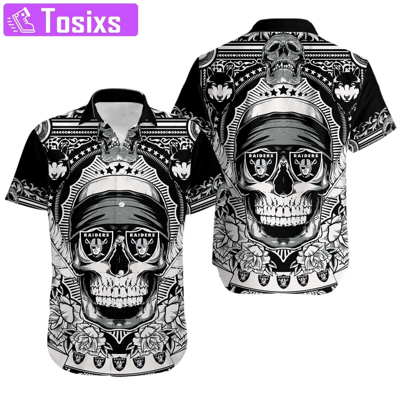 Nfl las vegas raiders skull black white hawaiian shirt Hawaii Shirt Shorts & Flip Flops