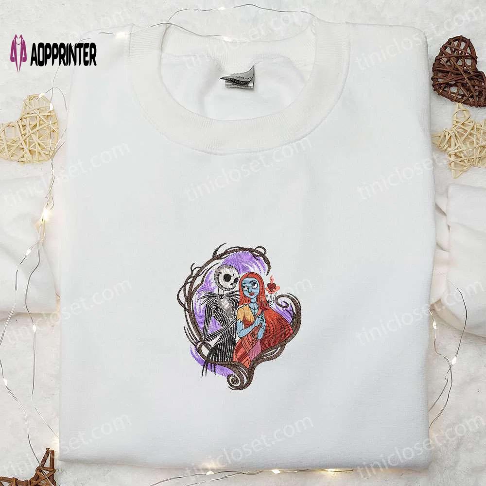 Nightmare before christmas embroidered sweatshirt: jack skellington and sally hoodie – spooky shirt Embroidered Shirt