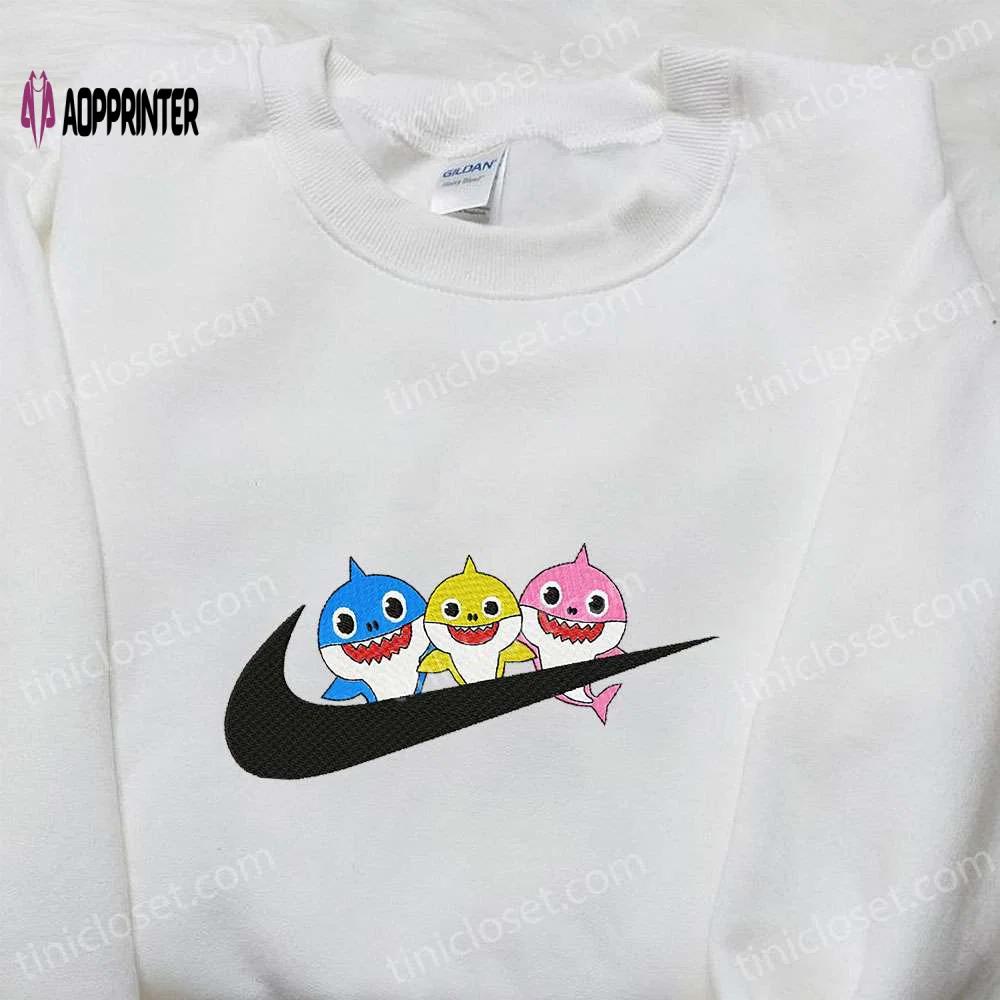 Nike inspired baby sharks embroidered shirt – perfect birthday gift with cartoon swoosh design Embroidered Shirt