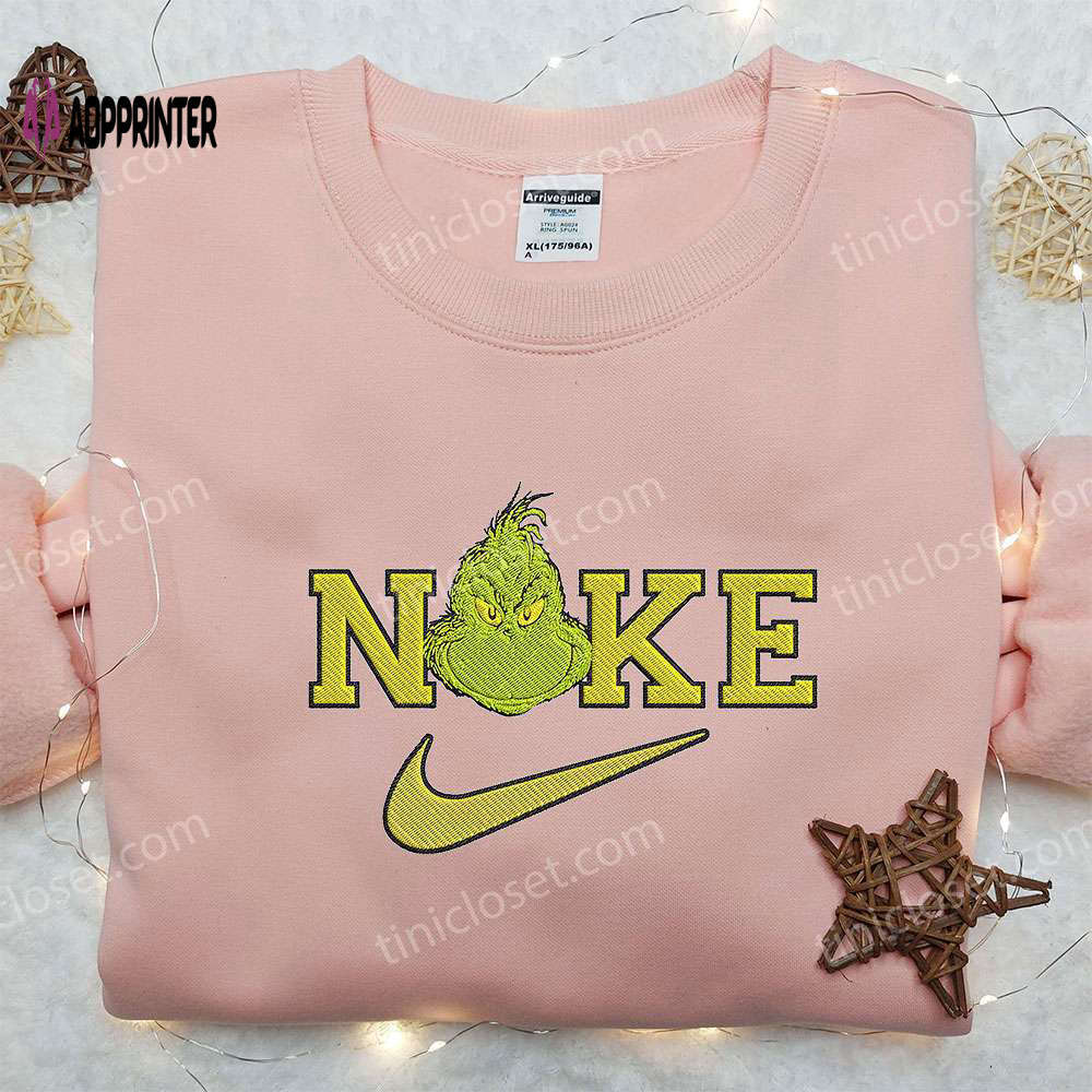 Nike x grinch head embroidered shirt – custom holiday apparel for nike fans Embroidered Shirt