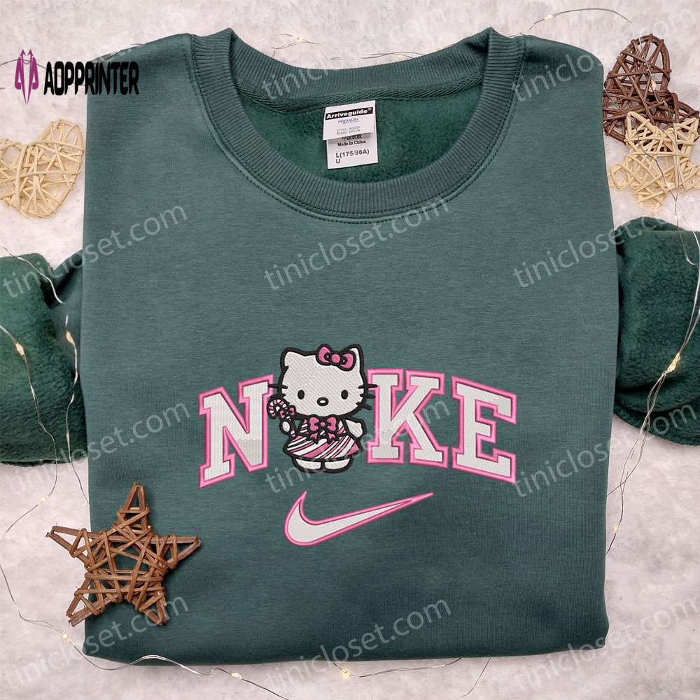 Nike x hello kitty pink candy cane shirt & hoodie: cartoon embroidery for christmas gift ideas Embroidered Shirt