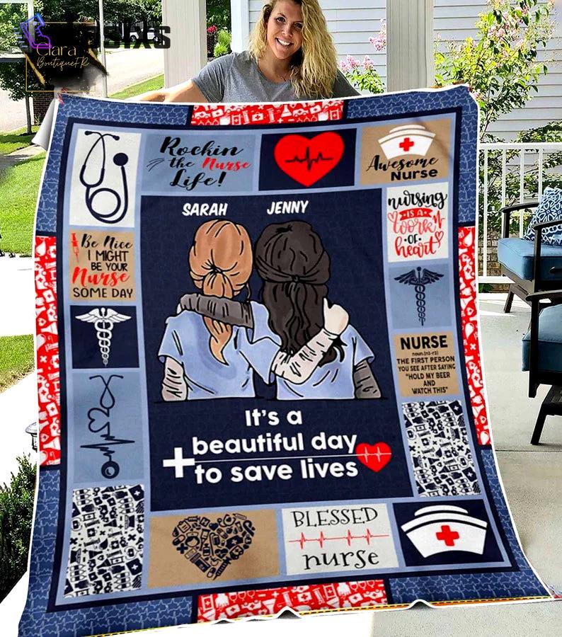 Personalized name it's a beautiful day to save lives fleece blanket, mink sherpa blanket, nurse mom blanket, nurse week gift Quilt Blanket