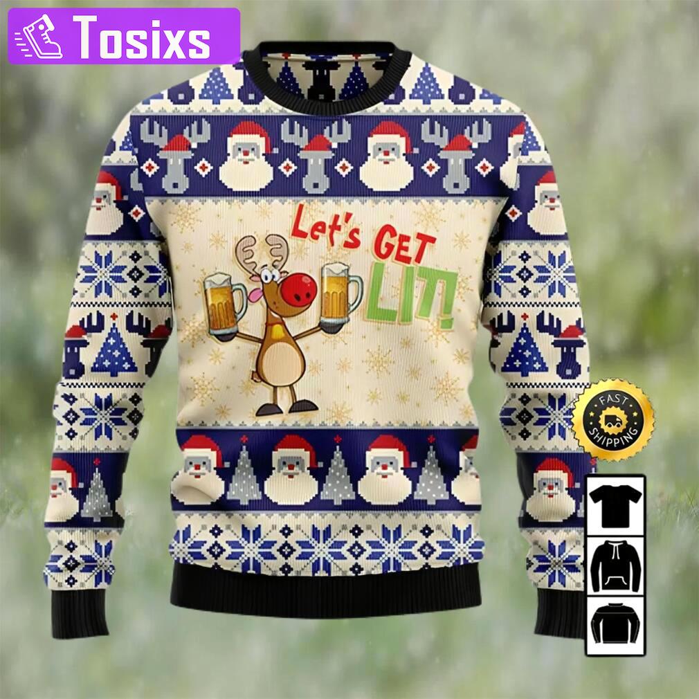 Reindeer let?s get lit beer ugly christmas sweater, faux wool sweater, international beer day, gifts for beer lovers, best christmas gifts for 2022, santa claus Christmas Ugly Sweater