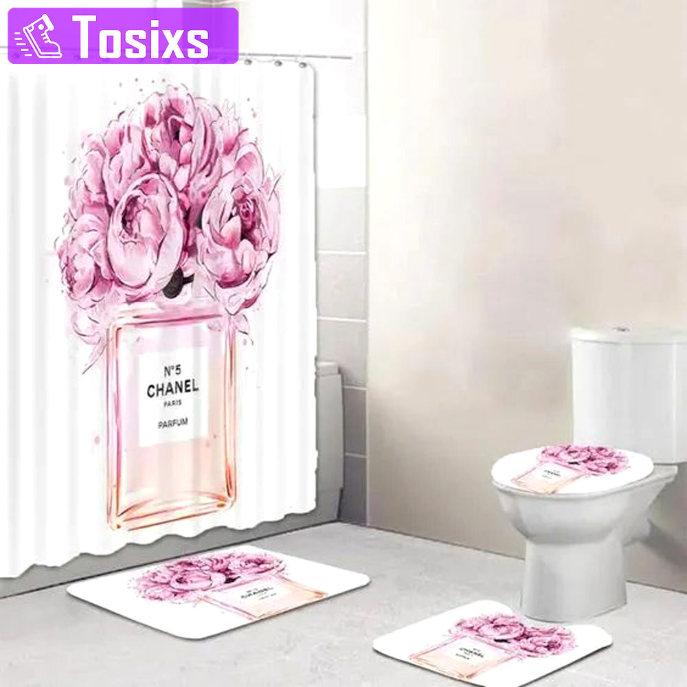 Rugs in living room and bedroom - Chanel perfume bathroom set hot 2023 luxury shower curtain bath rug mat home decor 272 Bathroom Accessory Sets