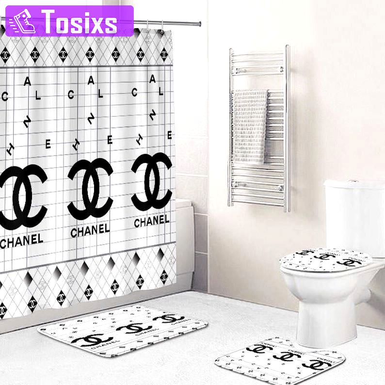 Rugs in living room and bedroom - Chanel white bathroom set hot 2023 luxury shower curtain bath rug mat home decor 242 Bathroom Accessory Sets