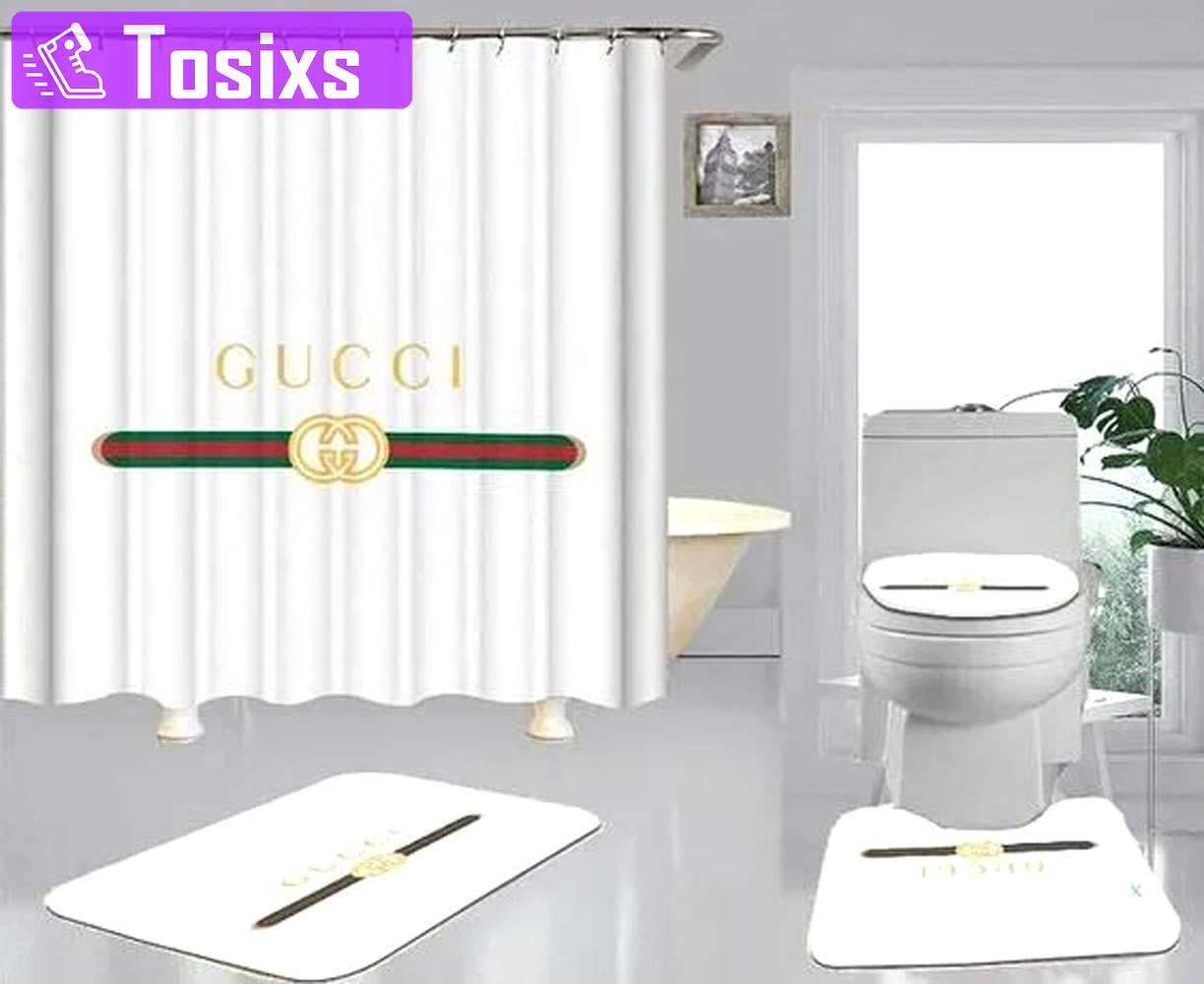 Rugs in living room and bedroom - Gucci white bathroom set hot 2023 luxury shower curtain bath rug mat home decor 222 Bathroom Accessory Sets