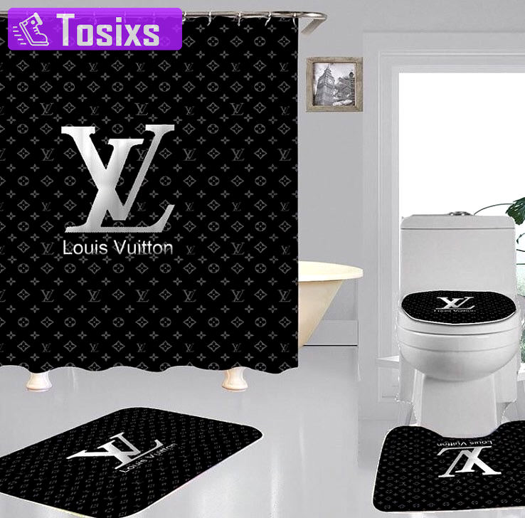 Rugs in living room and bedroom - Louis vuitton lv black bathroom set hot 2023 luxury shower curtain bath rug mat home decor 307 Bathroom Accessory Sets