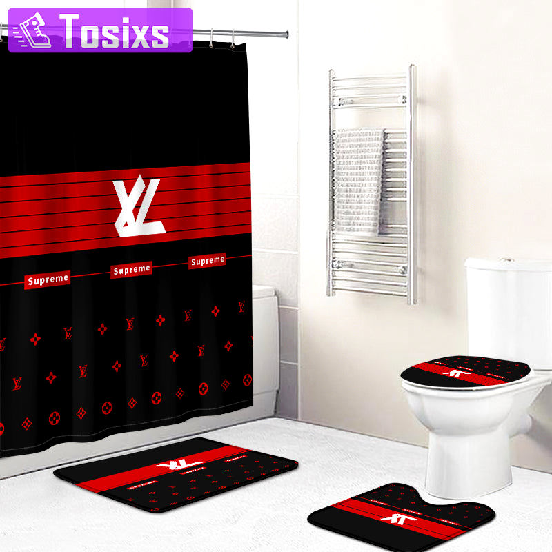 Rugs in living room and bedroom - Louis vuitton lv black red bathroom set hot 2023 luxury shower curtain bath rug mat home decor 129 Bathroom Accessory Sets