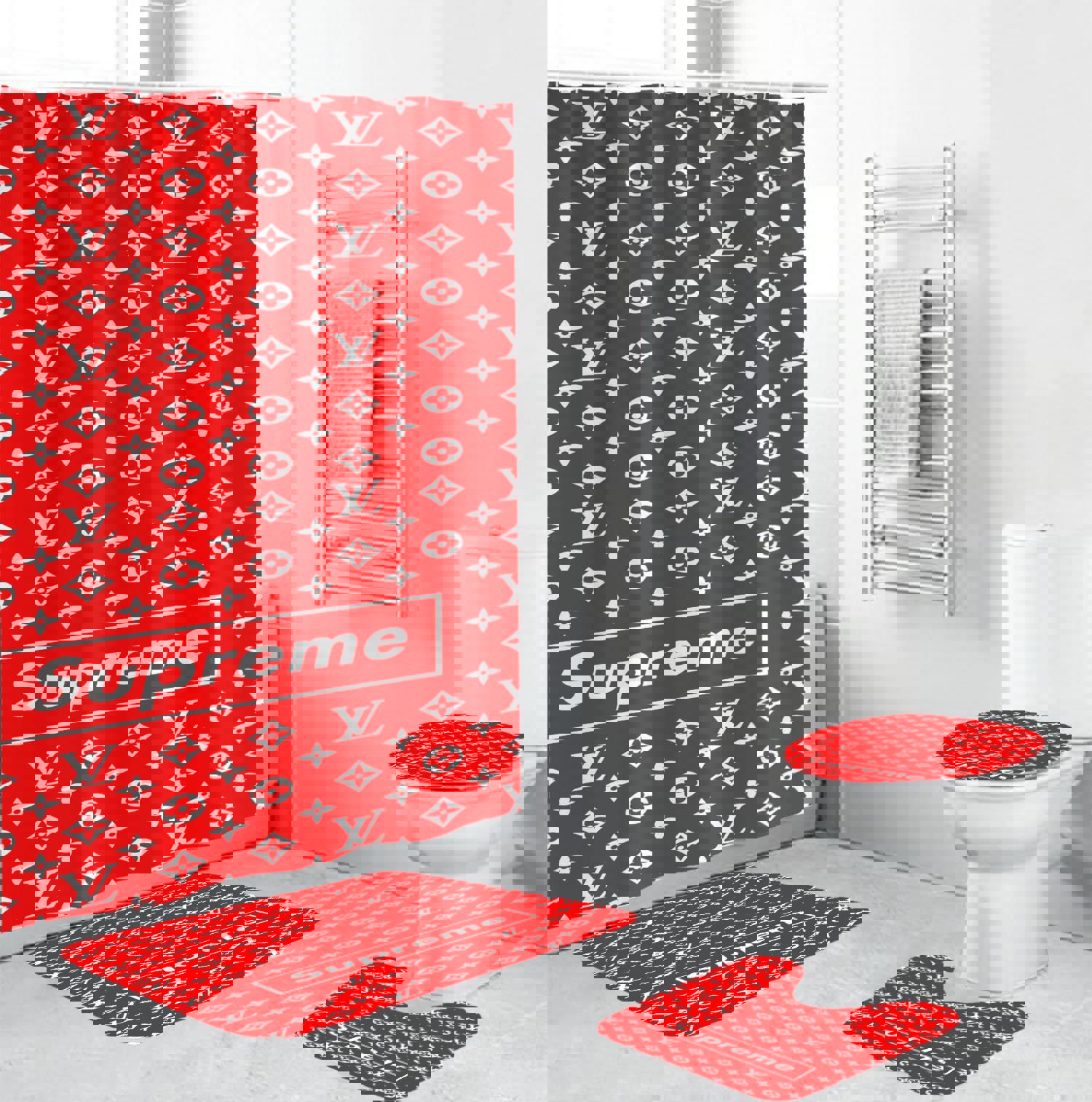 Rugs in living room and bedroom - Louis vuitton lv supreme bathroom set hot 2023 luxury shower curtain bath rug mat home decor 102 Bathroom Accessory Sets