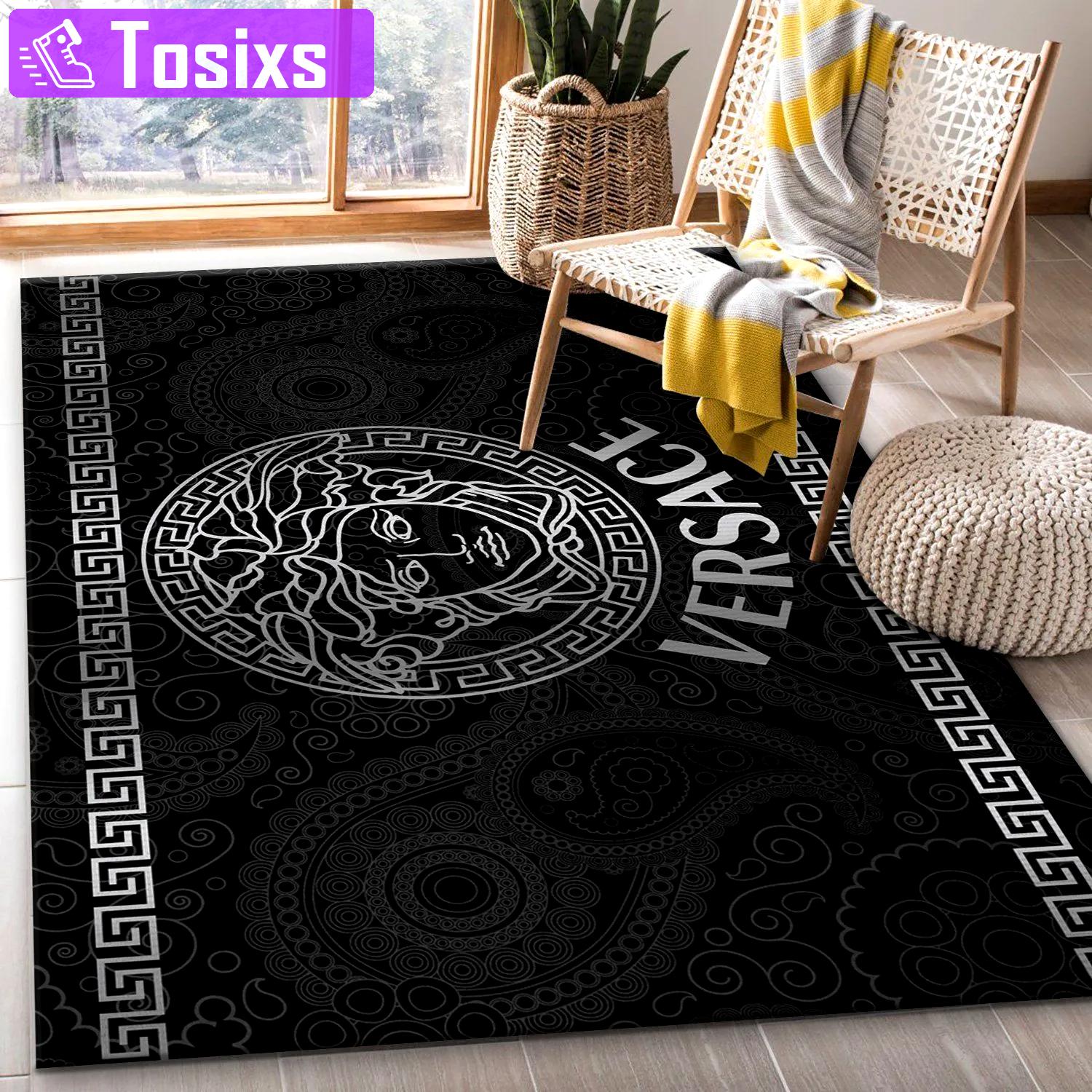 Rugs in living room and bedroom - Versace logo silver fashion brand living room rug christmas gift floor mats keep warm in winter Rectangle Rug
