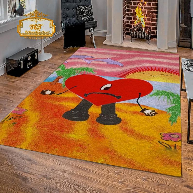 Rugs in living room and bedroom bad bunny fleece heart rug - bad bunny carpet - bad bunny home room rug- bad bunny dorm rug- cartoon rug- living room rug- trendy rug Rectangle Rug