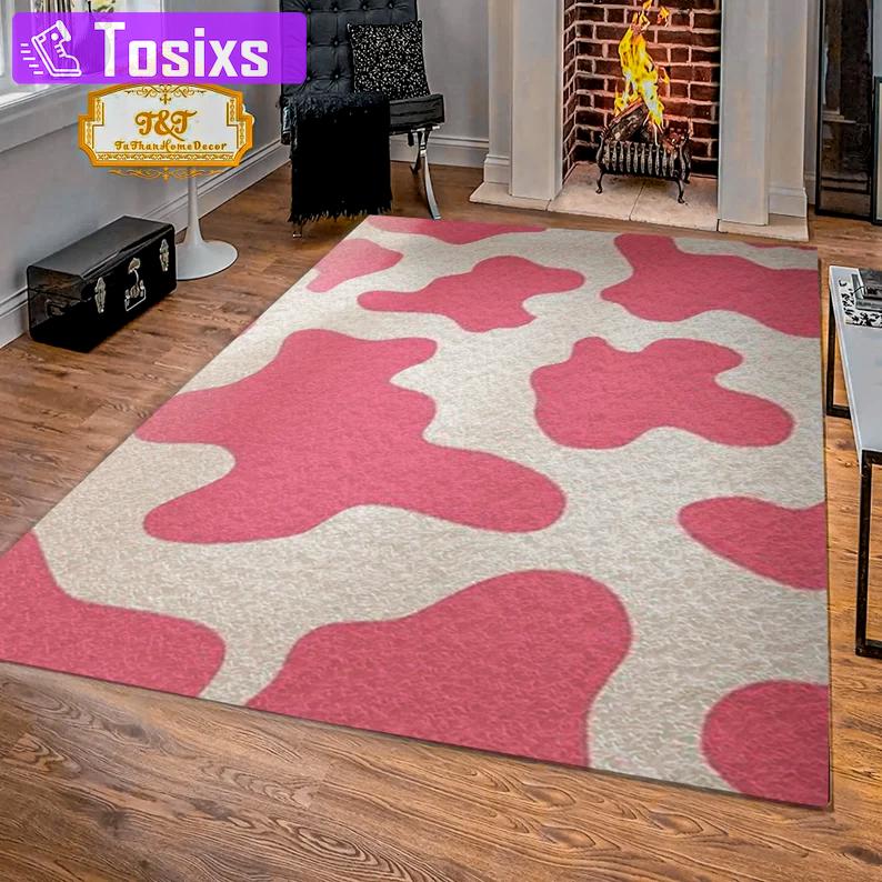 Rugs in living room and bedroom pastel pink and white cow rug - pink cow area rug - boho rug- girls room rug- farmhouse floor rug- pink living room rug- colorful art rug Rectangle Rug