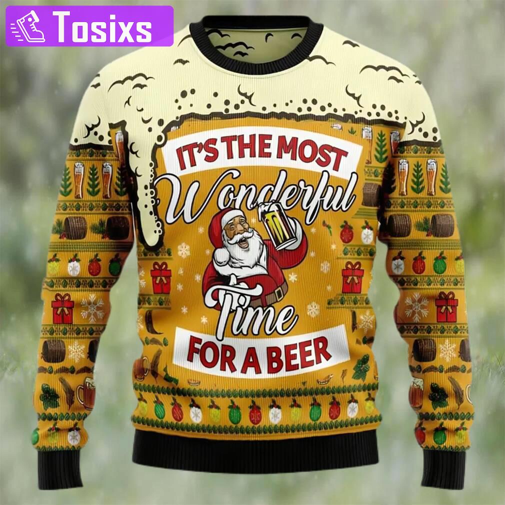 Santa claus wonderful time for a beer ugly christmas sweater, faux wool sweater, international beer day, gifts for beer lovers, best christmas gifts for 2022 Christmas Ugly Sweater
