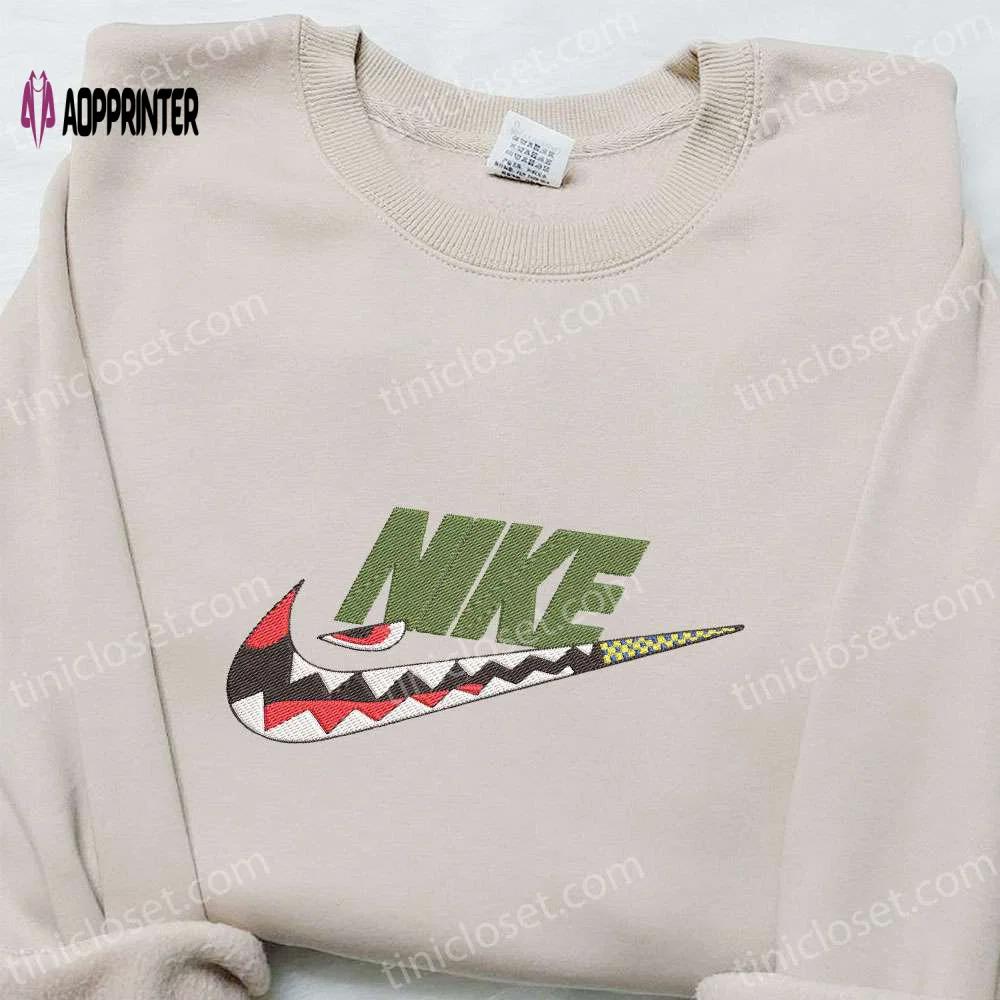 Shark bathing ape x swoosh embroidered hoodie – nike inspired custom sweatshirt Embroidered Shirt