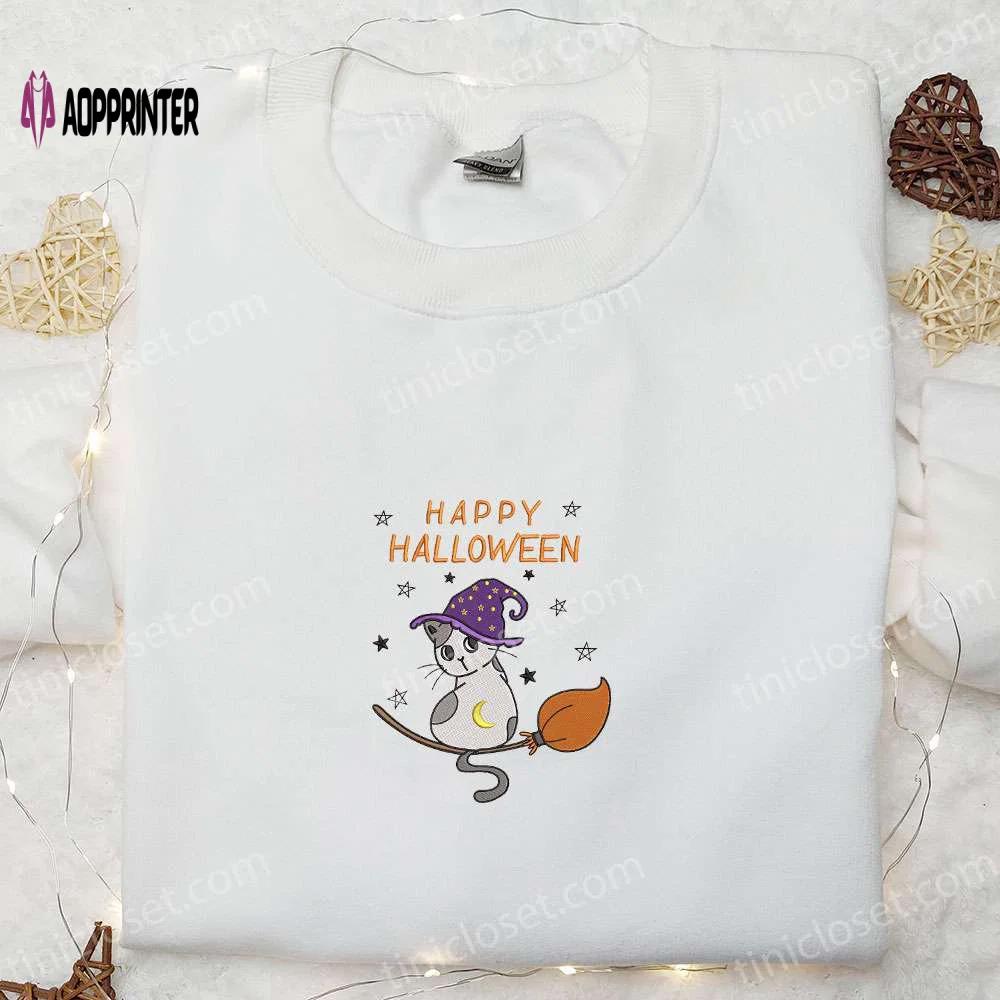 Spooktacular witch kitten cat shirt: halloween embroidered delight Embroidered Shirt