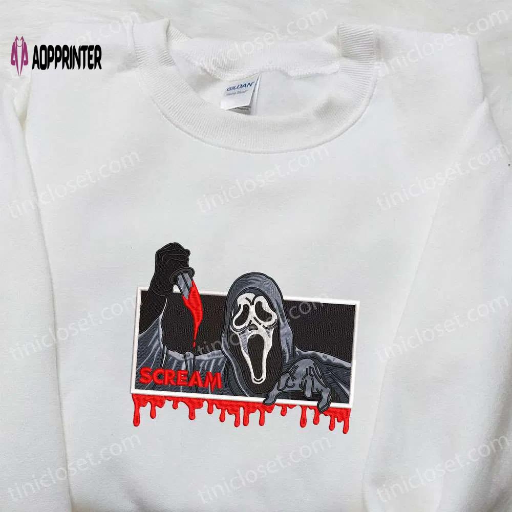 Spooky ghostface scream embroidered sweatshirt – shop spirit halloween t-shirts & spooky shirts Embroidered Shirt