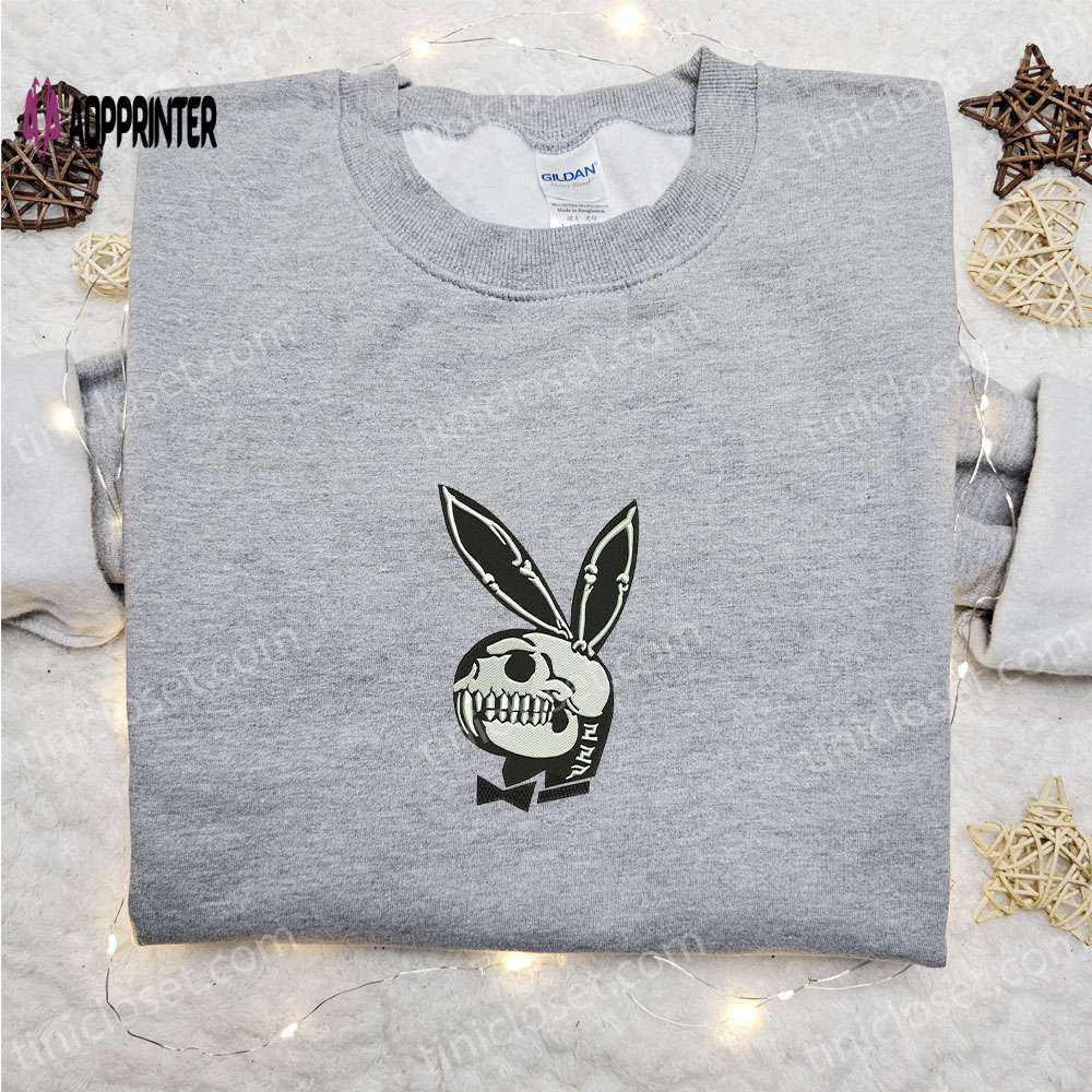 Spooky playboy bunny skeleton embroidered sweatshirt – top halloween gift ideas Embroidered Shirt