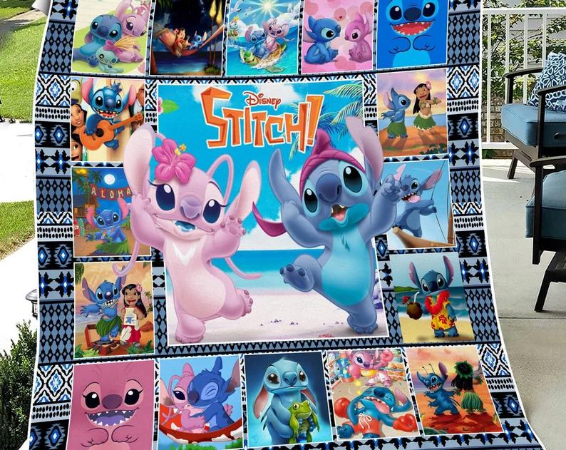 Stitch and angel fleece blanket, stitch throw blanket for couch sofa, stitch couple gifts, stitch birthday gift, christmas gifts Quilt Blanket