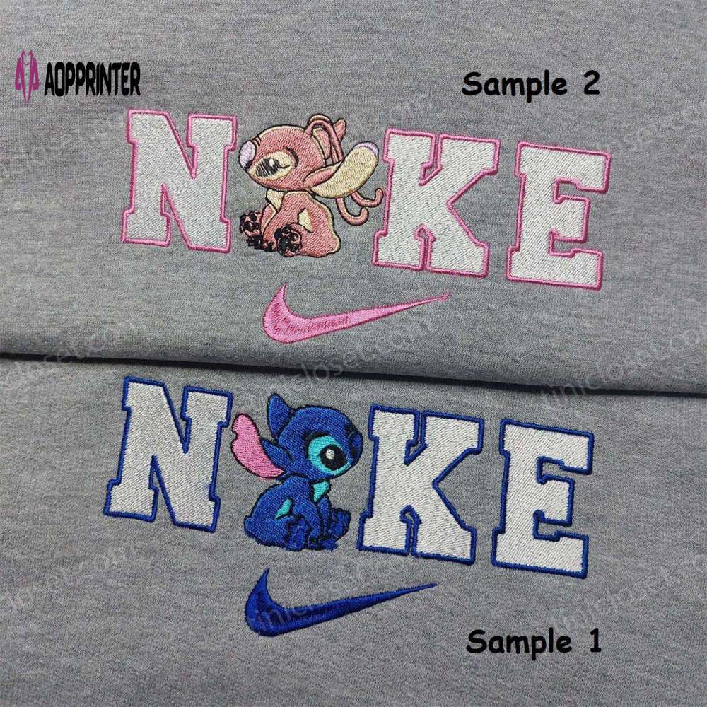 Stitch angel nike embroidered shirt – customized & matching couple shirt Embroidered Shirt