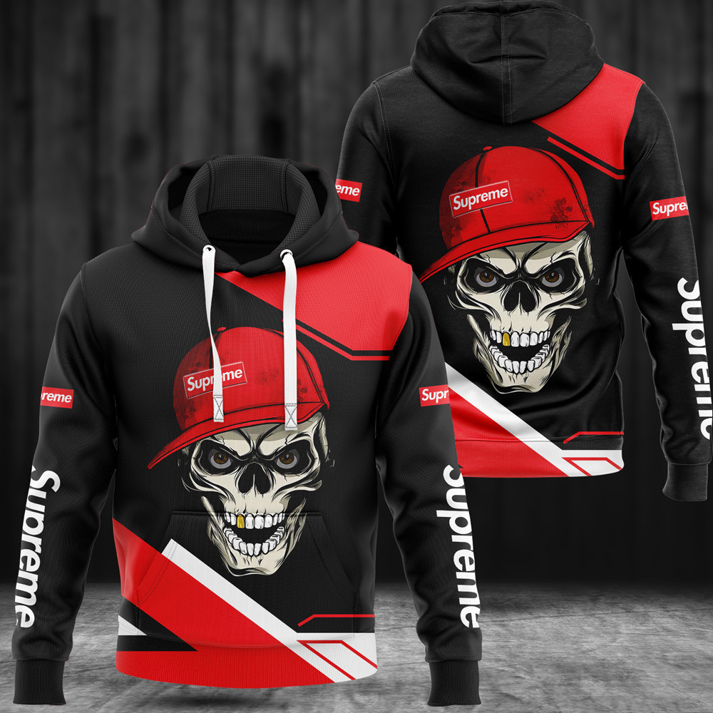 Supreme skull wearing hat black luxury brand premium hoodie for men women Hoodie 3D