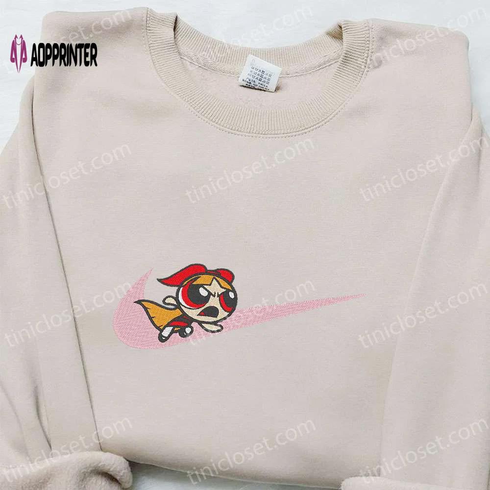 Swoosh x blossom cartoon embroidered sweatshirt powerpuff girls shirt nike inspired t-shirt Embroidered Shirt
