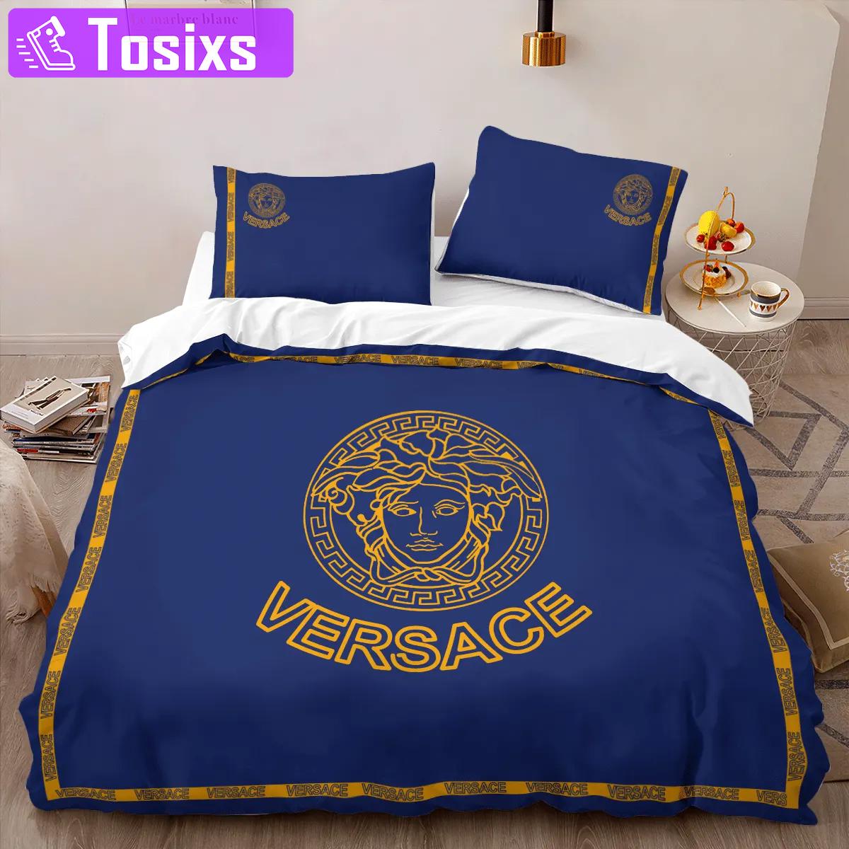 Versace blue luxury brand logo high-end bedding sets lv, bedroom decor , thanksgiving decorations for home best luxury bed sets gift thankgivings and christmas Bedding Sets
