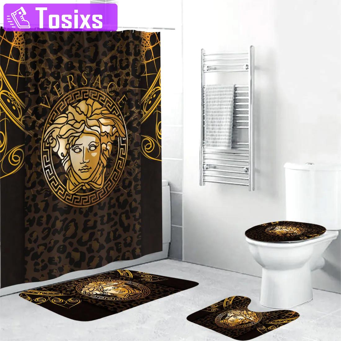 Versace brown medusa fashion luxury brand premium bathroom set & shower curtain home decor 3 Bathroom Accessory Sets