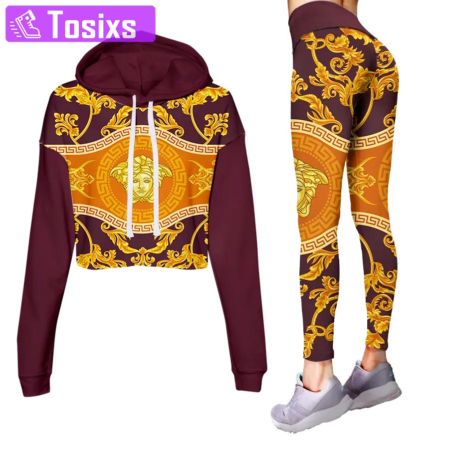 Versace golden medusa luxury brand clothes leggings and crop top set for women Croptop Hoodie Legging Set