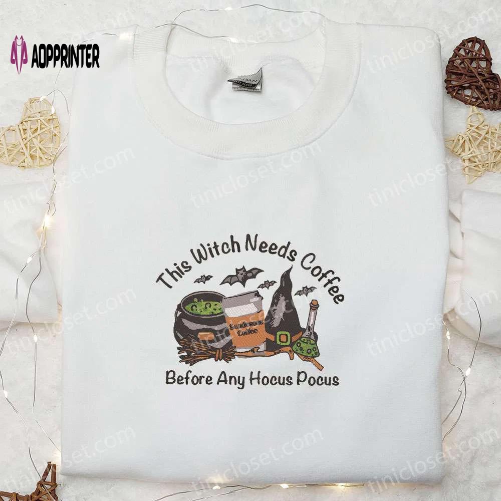 Witch s hocus pocus embroidered shirt: the perfect halloween gift for coffee lovers Embroidered Shirt