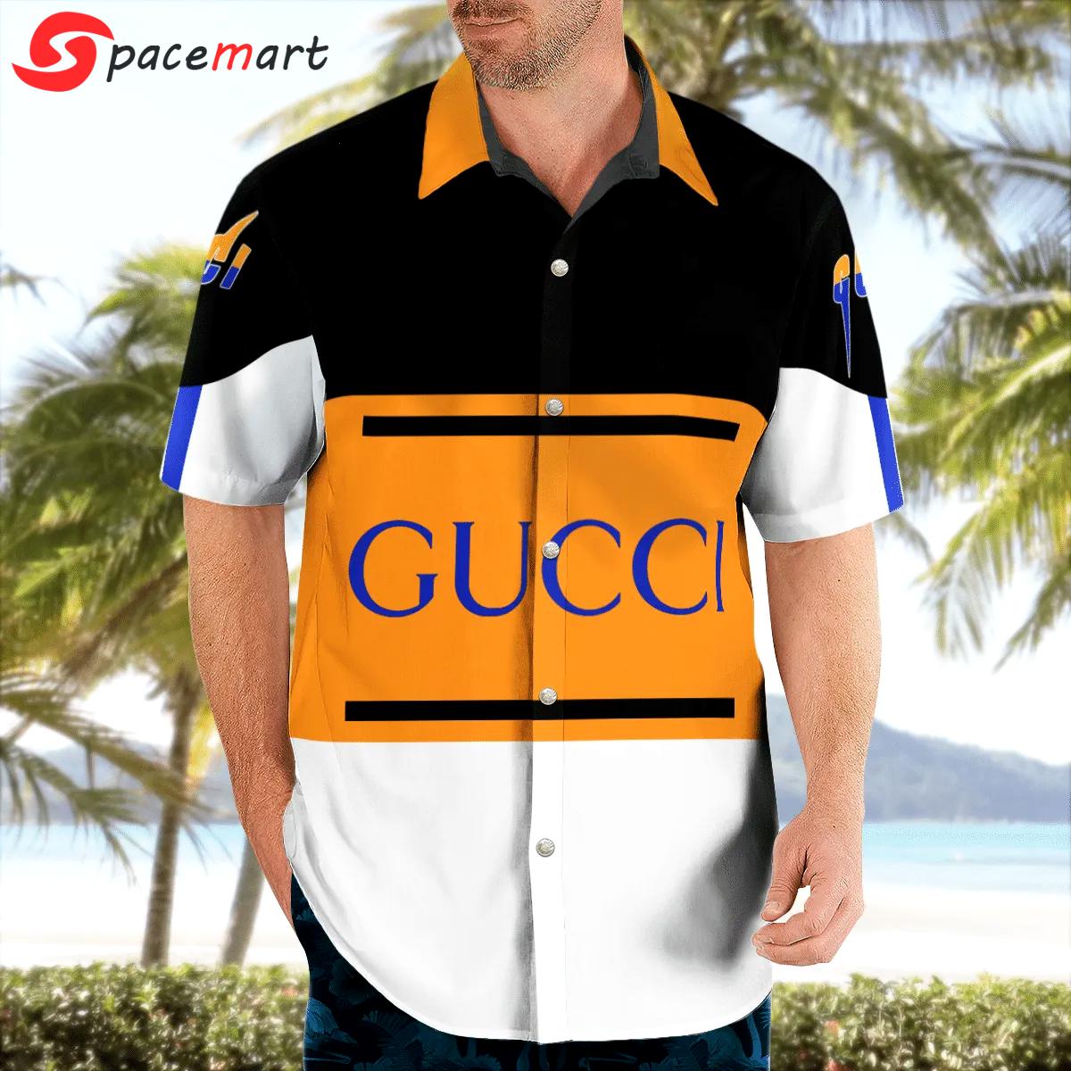 Gucci black orange luxury brand premium fashion hawaii shirt for men 39 Hawaii Shirt