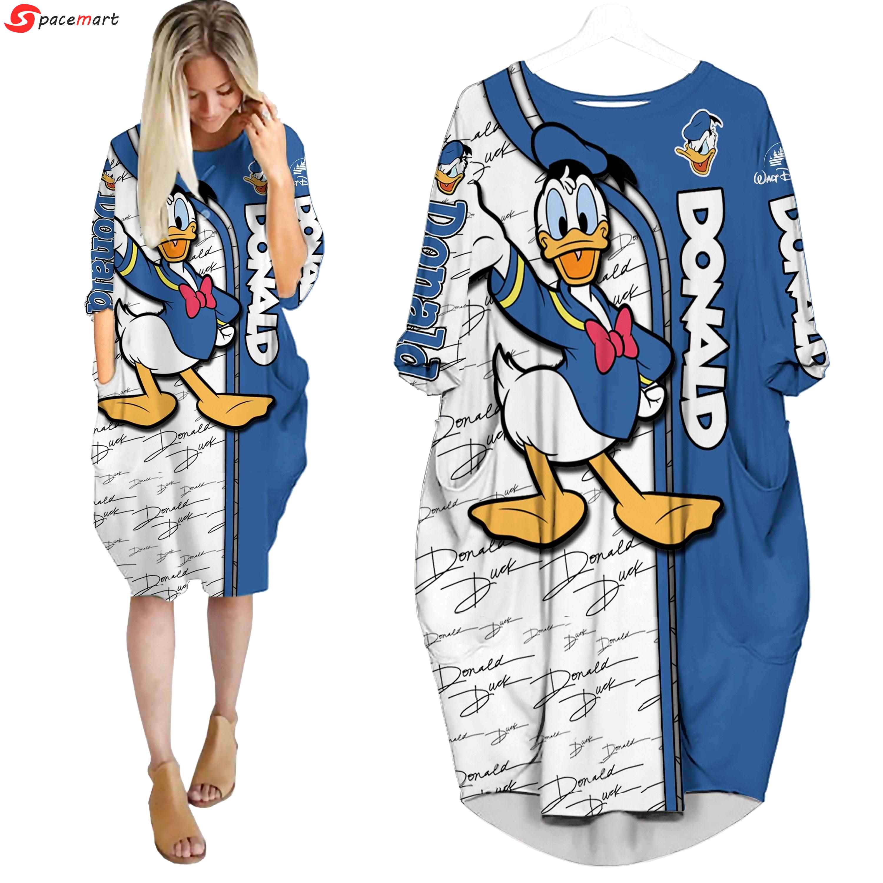 Donald duck pattern cute disney cartoon batwing pocket dress outfits women hn Batwing Pocket Dress