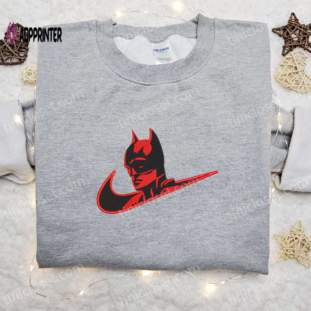 Batman x nike swoosh movie embroidered sweatshirt: dc comic shirt inspired by nike trendy and unique! Embroidered Shirt