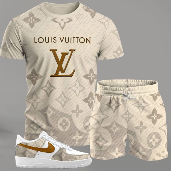 Beige monogram streetwear set for men, gradient pattern t-shirt and matching shorts with gold-accent sneakers T-Shirt Short Sneakers Set