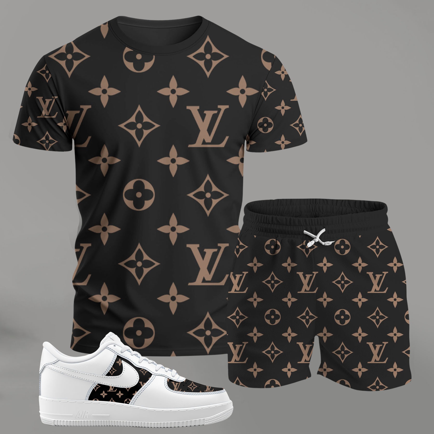Black and brown monogram set for men, bold pattern streetwear t-shirt and shorts combo with matching sneakers T-Shirt Short Sneakers Set