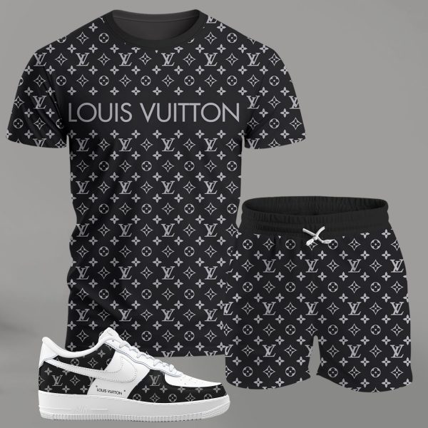 Black monogram streetwear set for men, all-over pattern t-shirt and shorts combo with white sneakers T-Shirt Short Sneakers Set